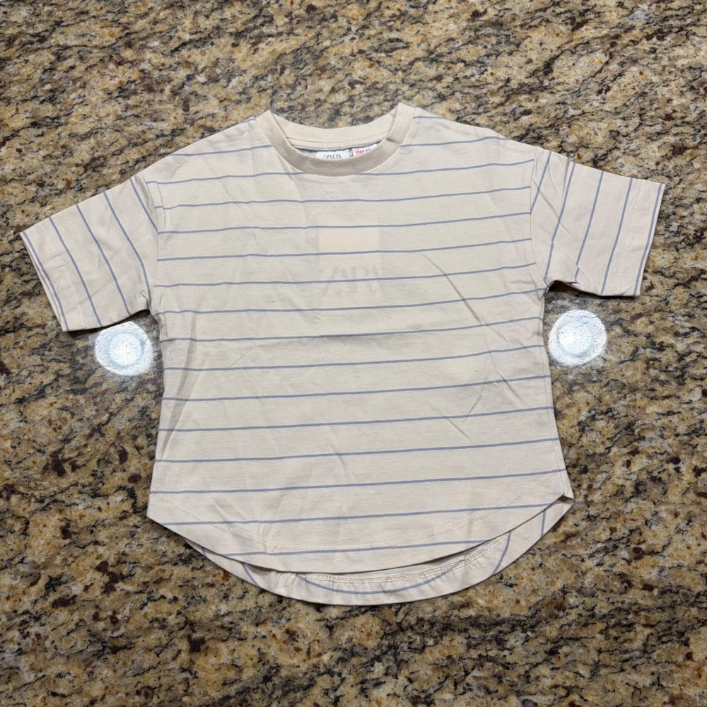 NEW Zara Kids Striped Short Sleeve T-Shirt Cream Blue Size 2-3 Years ws